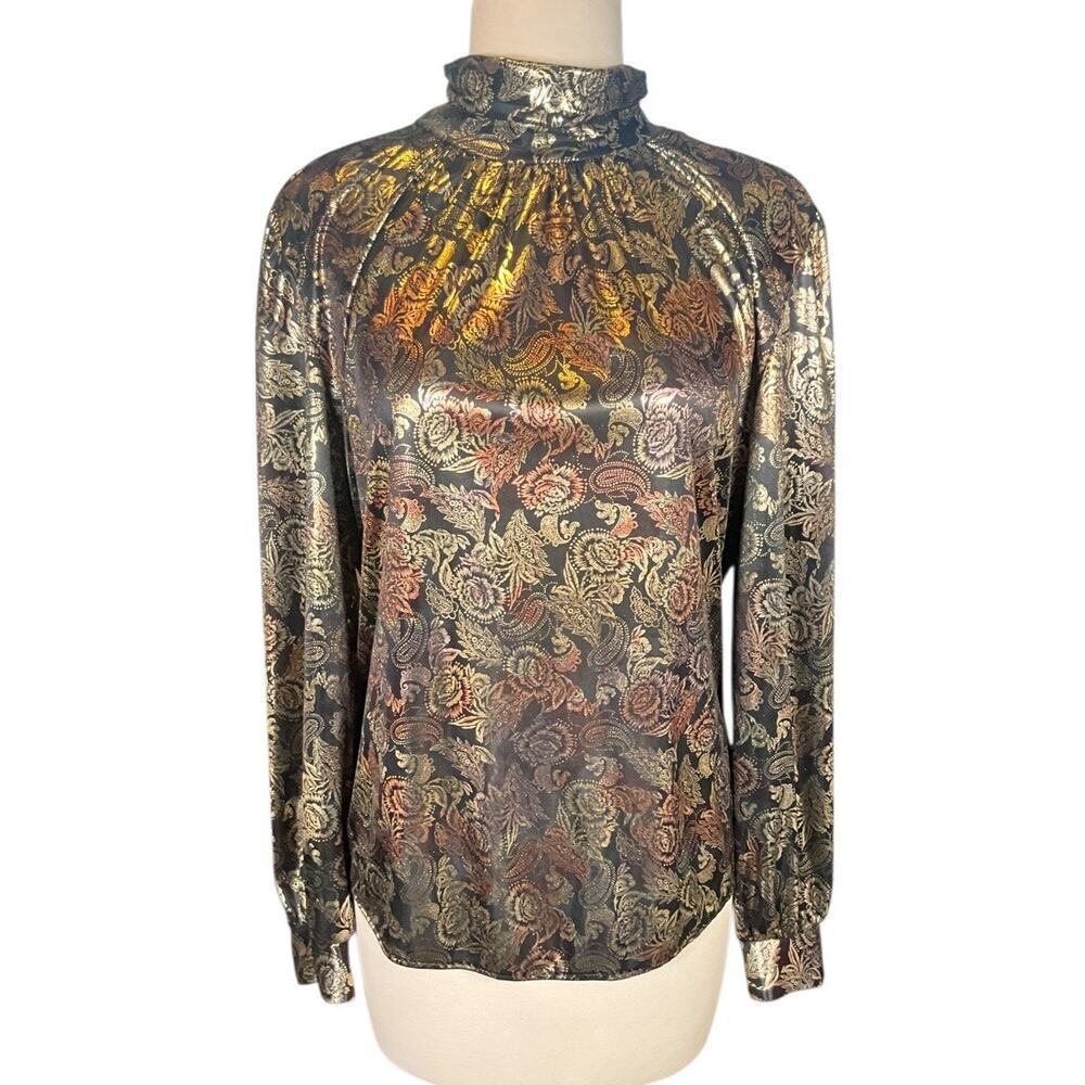 Vintage Lauren Lee Metallic Foil Paisley High Neck Disco Glam Old Hollywood Med